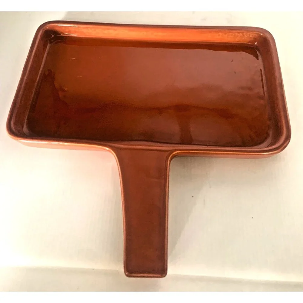 Vintage Coral Ceramic Rectangular Cornbread Tray Platter  w/Handle Made USA MCM